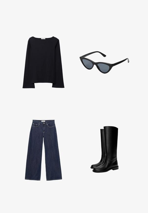 Haut noir à manches longues avec un large col rond, coupe décontractée et texture douce. Comprend un ourlet arrière légèrement plus long et sans ornements supplémentaires.; Jean bleu foncé à jambes larges avec poches avant, passants de ceinture et fermeture par bouton à la taille.; Bottes en cuir noires montant jusqu'au genou avec une texture lisse, bout rond, semelle plate et design minimaliste, comprenant des coutures cousues et aucun matériel visible.; Lunettes de soleil noires en forme d'œil de chat avec des verres gris foncé, monture en plastique élégante, coins pointus et branches droites. Pas de métal visible ni d'accents.