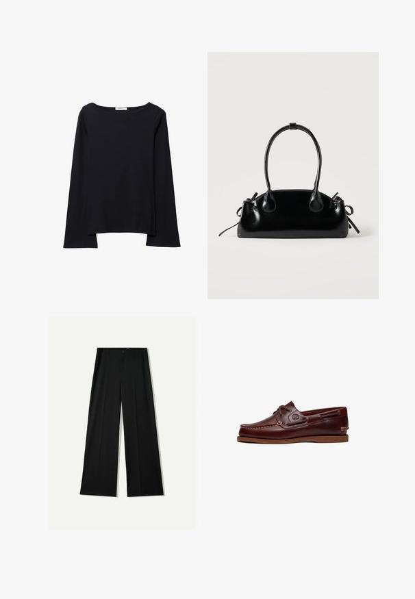 Haut noir à manches longues avec un large col rond, coupe décontractée et texture douce. Comprend un ourlet arrière légèrement plus long et sans ornements supplémentaires.; Bershka WIDE - Pantalon classique - black; Chaussure bateau en cuir marron avec lacets, détails de couture et logo Timberland sur le côté, présentée sur un fond blanc.; Petit sac à main noir brillant avec deux longues anses et des détails à cordon sur les côtés sur un fond clair uni.