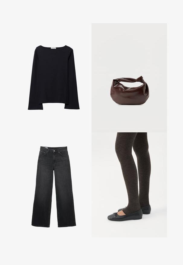 Haut noir à manches longues avec un large col rond, coupe décontractée et texture douce. Comprend un ourlet arrière légèrement plus long et sans ornements supplémentaires.; Jeans noirs à jambes larges avec bouton devant, fermeture éclair, passants de ceinture et design cinq poches sur fond blanc.; Jambes portant des leggings côtelés foncés associés à des ballerines noires avec de petits détails en nœud sur fond blanc.; Sac bandoulière en cuir marron foncé avec une forme souple et décontractée et une anse nouée torsadée sur un fond blanc uni.