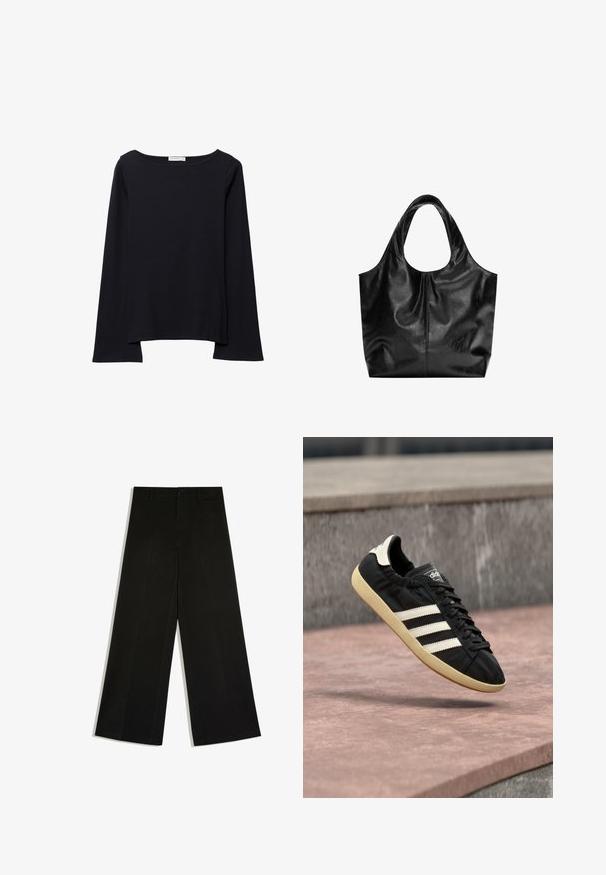 Haut noir à manches longues avec un large col rond, coupe décontractée et texture douce. Comprend un ourlet arrière légèrement plus long et sans ornements supplémentaires.; Pantalon noir à jambes larges avec passants de ceinture, fermeture devant par bouton et zip, posé à plat sur fond blanc.; Baskets Adidas noires avec des bandes blanches et une semelle beige, capturées en plein air au-dessus d'une surface en pierre et d'un mur en pierre en arrière-plan.; Sac fourre-tout en cuir noir avec une texture lisse, un haut arrondi doux et de larges poignées. Présente une couture minimale et une silhouette décontractée.