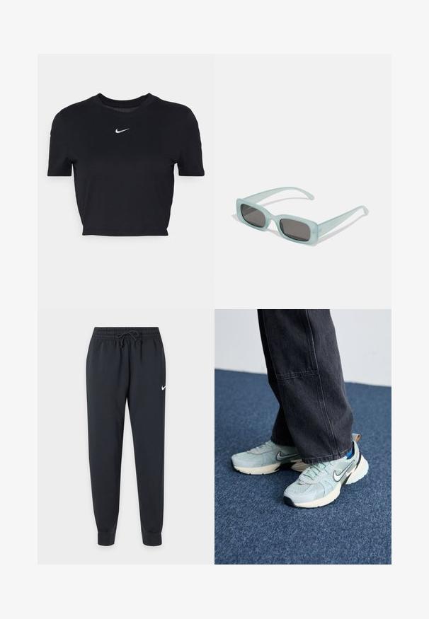 Nike Sportswear Lihtne T-särk - black; Mustad Nike dressipüksid, millel on elastne vöökoht ja nöör, kitsenevad sääred, soonikkoes sääreotsad ning väike valge Nike logo paremal reiel.; Heled sinise võrgu struktuuriga Nike jooksujalatseid, millel on must Swoosh ja kreemjas keskosa, kombineerituna tumedates hallides laia säärega pükstega.; Kaks ümmargust päikeseprilli, millel on helesinised poolläbipaistvad raamid ja tumehallid objektiivid, sirged tempud ja minimaalsete detailidega riistvara.