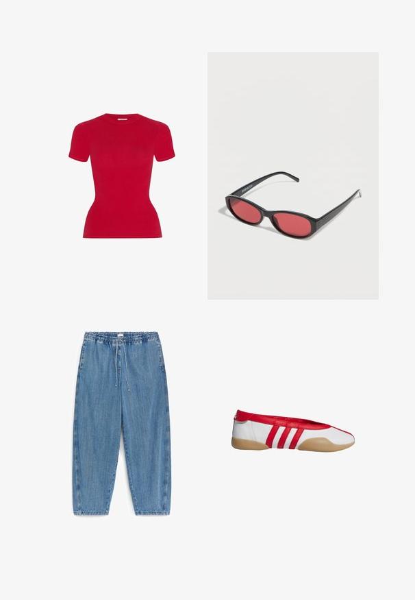Camiseta roja de manga corta con diseño ajustado. Fabricada con material suave, cuenta con cuello redondo y bordes sin costuras.; Pantalones vaqueros azul claro con cintura elástica y cordón, corte recto y bolsillos laterales, mostrados sobre fondo blanco.; Zapato plano rojo y blanco con puntera redonda, hecho de material sintético liso. Presenta tres rayas rojas y una suela de goma color cuero claro.; Gafas de sol ovaladas negras con varillas delgadas y lentes tintados de rojo descansando sobre una superficie blanca.