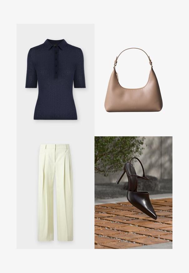 Polo côtelé bleu marine à manches courtes avec cinq boutons et col classique, silhouette ajustée.; Pantalon ample couleur crème avec fines rayures verticales, plis à l'avant, poches latérales, et passants pour ceinture.; Mule noire brillante à talons hauts avec bout pointu et bride à la cheville, suspendue au-dessus d'une surface carrelée en terre cuite avec des interstices remplis de gravier.; Sac à bandoulière en cuir beige avec poignée courte, fermeture éclair supérieure incurvée et logo minimaliste Calvin Klein à l'avant.