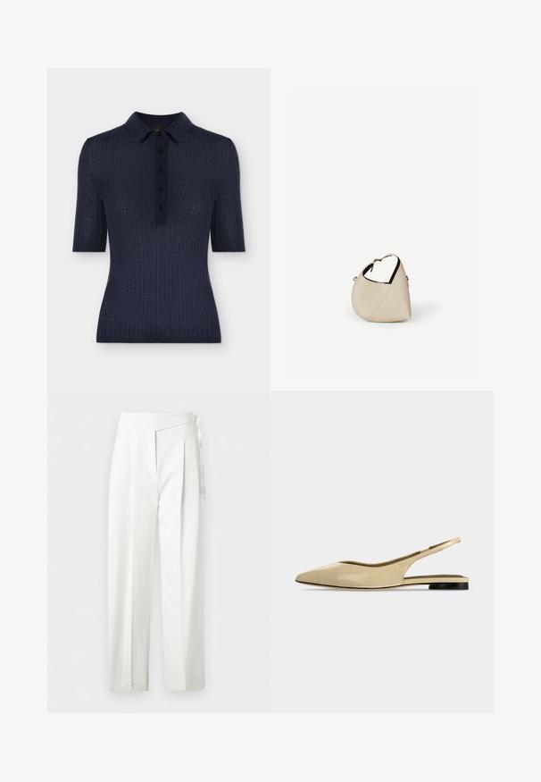 Polo côtelé bleu marine à manches courtes avec cinq boutons et col classique, silhouette ajustée.; Pantalon blanc taille haute avec plis et détail de nœud sur le côté, coupe droite et fermeture cachée.; Chaussure plate beige à bout pointu avec bride arrière, petit talon noir et finition en cuir lisse, vue de côté sur un fond uni.; Sac à main en cuir beige en forme de croissant avec une seule bandoulière et des coutures minimalistes, posé sur un fond blanc uni.