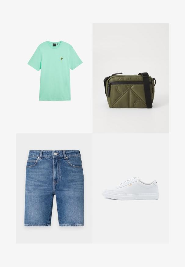 Mintgrøn bomuld t-shirt med korte ærmer, rund hals og en lille gul sommerfuglelogo broderet på venstre bryst.; Denim shorts i mellemblå vask med lige snit, fem-lomme design og topknap lukning. Har kontrasterende syninger.; Hvide lædersneakers med glat tekstur, rund tå og ton-i-ton syning. Har blå snørebånd og et gult logo på siden.; Olivenfarvet quiltet stoftaske med en sort rem, der har en top lynlåslukning og en udvendig lynlåslomme med geometriske mønsteraccenter.
