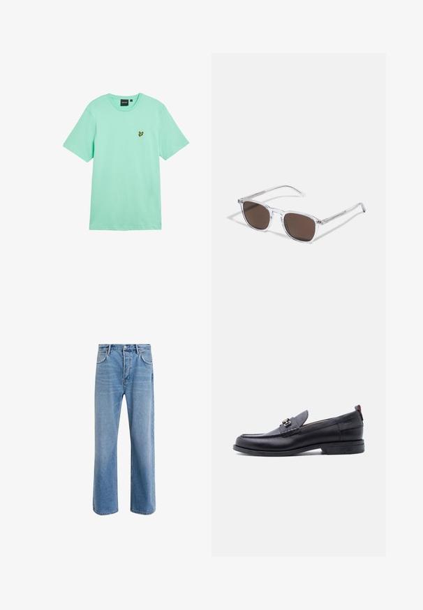 Mintgrøn bomuld t-shirt med korte ærmer, rund hals og en lille gul sommerfuglelogo broderet på venstre bryst.; Lyseblå denim jeans med lige ben-design, fem lommer, knaplukning, minimal falming og kontraststingdetaljer.; Sort lædermokasin med grå tekstureret forfod, sølvfarvet metalspænde, lav hæl og trækflap bagpå.; Klare plastik solbriller med rektangulære brune linser, med tynde, transparente stænger og metal accenter på templerne.