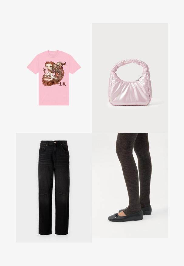 Lyserød bomulds T-shirt med et detaljeret grafisk design af en karakter, en slange, og dekorative elementer i brun, med kinesisk tekst nedenfor.; Sorte denimjeans med lige ben, fem lommer, knaplukning og subtile falmede detaljer ved lårene og knæene.; Ben iført mørke ribbede leggings kombineret med sorte balletsko med små sløjfedetaljer på hvid baggrund.; Rosa, polstret håndtaske med afrundet design, lavet af skinnende materiale. Har et samlet håndtag og en lynlås til sikker adgang.