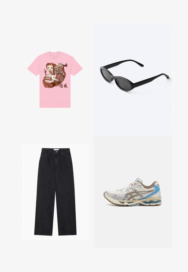 Roze katoenen t-shirt met een gedetailleerde afbeelding van een karakter, een slang, en decoratieve elementen in bruin, met daaronder Chinese tekst.; Zwarte high-waisted spijkerbroek met wijde pijpen, frontknopen en ritssluiting, ceintuurlussen en een vijf-pocket stijl.; Witte en beige hardloopschoen met blauwe accenten, mesh bovenwerk, gewatteerde zool en vetersluiting, getoond vanaf de buitenkant.; Strakke zwarte ovale zonnebril met donkere glazen en rechte pootjes, rustend op een wit oppervlak.