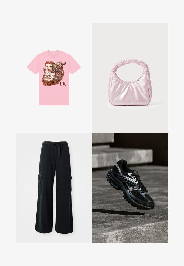 Rosa Baumwoll-T-Shirt mit einem detaillierten Grafikdesign eines Charakters, einer Schlange, und dekorativen Elementen in Braun, mit chinesischem Text darunter.; Schwarze, weit geschnittene Cargo-Hosen aus Baumwolle mit einem Bindegürtel, ausgestattet mit zwei Seitentaschen und einer glatten Stoffstruktur.; Schwarzer und silberner Nike Laufschuh, der über Betontreppen schwebt und im Außenbereich detailliertes Design und strukturierte Sohle zeigt.; Rosa, gepolsterte Handtasche mit abgerundeter Form, aus glänzendem Material gefertigt. Verfügt über einen gerafften Griff und einen Reißverschluss für sicheren Zugang.