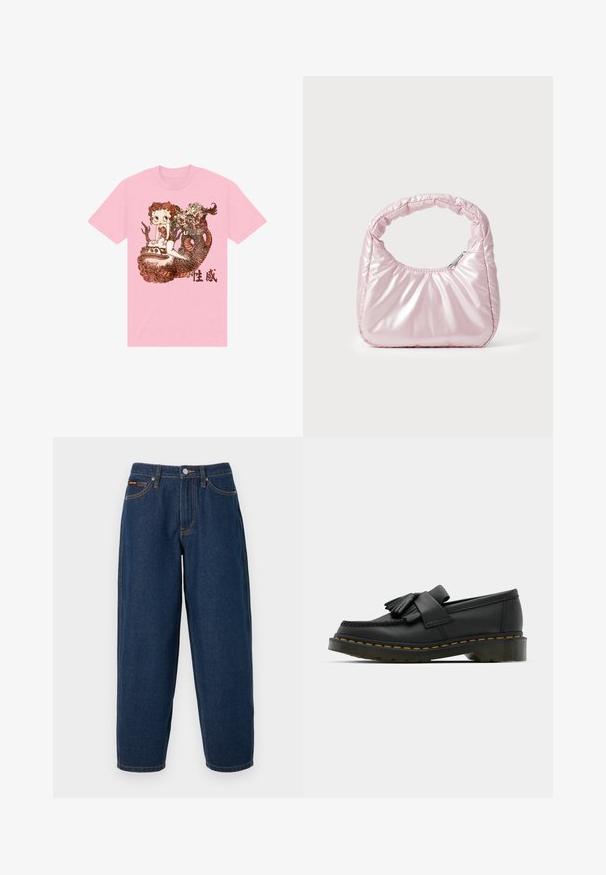 Lyserød bomulds T-shirt med et detaljeret grafisk design af en karakter, en slange, og dekorative elementer i brun, med kinesisk tekst nedenfor.; Mørkeblå denimjeans med lige ben, fem lommer, knaplukning og orange syninger på en ensfarvet baggrund.; Sorte læder loafers med rund tå, der har frynse detaljer og et dekorativt bånd på tværs af fronten, sat på en kraftig hæl.; Rosa, polstret håndtaske med afrundet design, lavet af skinnende materiale. Har et samlet håndtag og en lynlås til sikker adgang.
