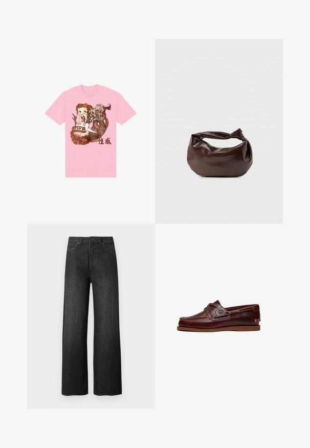 T-shirt en coton rose avec un graphique détaillé d'un personnage, d'un serpent et d'éléments décoratifs en marron, avec du texte chinois en dessous.; Jean noir taille haute à jambes larges avec poches avant, fermeture à boutons et passants pour ceinture sur un fond clair uni.; Chaussure bateau en cuir marron avec lacets, détails de couture et logo Timberland sur le côté, présentée sur un fond blanc.; Sac bandoulière en cuir marron foncé avec une forme souple et décontractée et une anse nouée torsadée sur un fond blanc uni.