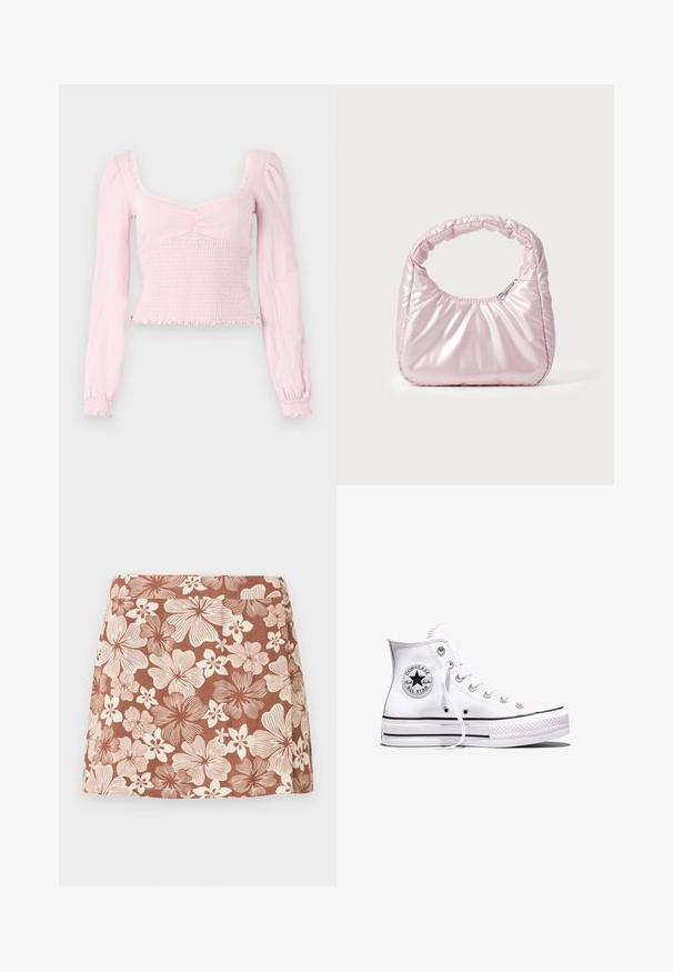 BDG Urban Outfitters SYDNEY - Langærmet T-shirt - pink; Brun mininederdel med hvidt blomsterprint, der viser store og små blomster i et gentaget mønster på glat stof.; Hvid Converse Chuck Taylor All Star højt snøresko med sorte striber og logoemblem på siden, vist mod en ensfarvet hvid baggrund.; Rosa, polstret håndtaske med afrundet design, lavet af skinnende materiale. Har et samlet håndtag og en lynlås til sikker adgang.