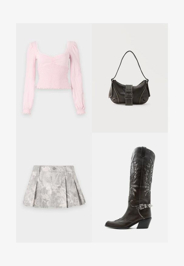 BDG Urban Outfitters SYDNEY - Longsleeve - pink; Grijze denim rok met plooien, voorzien van een subtiel bladerenpatroon in lichtere tinten. Klassieke snit met een tailleband en sluiting met metalen knoop.; Zwarte leren cowboylaars met decoratieve uitsnijdingen, zilveren gesp en schuine hak, weergegeven op een witte achtergrond.; Zwarte leren schoudertas met gespsluiting aan de riem, afgeronde hoeken en contrasterende witte stiksels op een effen achtergrond.