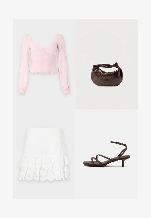 BDG Urban Outfitters SYDNEY - Top s dlhým rukávom - pink; Biela bavlnená sukňa so zloženým volánom a vyšívanými otvorenými vzormi na okraji. Hladká textúra, dĺžka nad kolená.; Hnedá sandála na vysokom opätku s tenkými prekríženými remienkami a remienkom na členok so striebornou prackou na bielom pozadí.; Tmavohnedá kožená kabelka cez rameno s mäkkým, voľným tvarom a držadlom v podobe skrúteného uzla na jednoduchom bielom pozadí.
