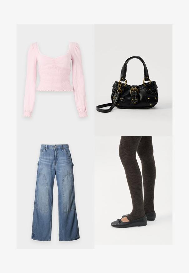 BDG Urban Outfitters SYDNEY - Top s dlhým rukávom - pink; Good American GOOD EASE RELAXED - Džínsy voľného strihu - indigo; Nohy v tmavých pásikavých legínach v kombinácii s čiernymi balerínkami s malými mašličkami na bielom pozadí.; Čierna kožená kabelka so zlatou prackou a nitmi, krátkymi rúčkami a nastaviteľným popruhom cez rameno na čistom bielom pozadí.