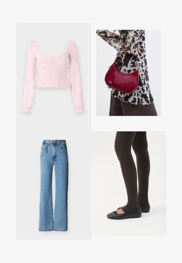 BDG Urban Outfitters SYDNEY - Pikkade varrukatega topp - pink; Kõrge vöökohaga helerohelised teksapüksid laiade sääreosadega, viie tasku ja sobiva teksavööga, millel on metallist silmused ja pandel.; Jalad seljas tumedad soonelises soonelises kombines mustade baleriinadega, millel on väikesed paelade detailid valgel taustal.; Naine, kes kannab must-valget mustriga pluusi ja hoiab läikivat punast õlakotti ühevärvilise tausta ees.