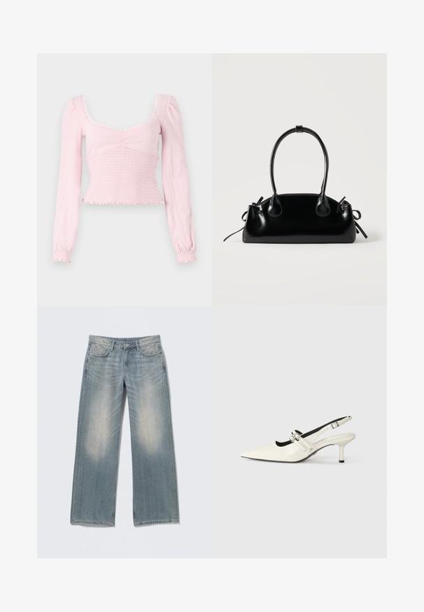 BDG Urban Outfitters SYDNEY - Langærmet T-shirt - pink; Lyseblå jeans med vide ben og falmet finish, lavet af denim. Har bæltestropper, forlommer og lynlås med knaplukning.; Spidse slingback sko i blank hvid læder med to justerbare spænder og en 6 cm stiletto hæl.; Lille sort blank håndtaske med to lange håndtag og snøre-detaljer i siden på en ensfarvet lys baggrund.