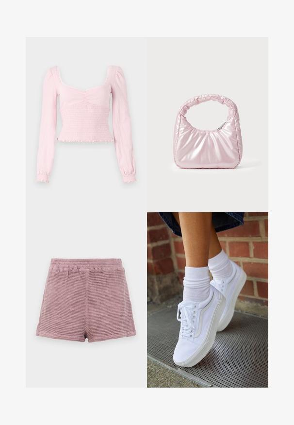 BDG Urban Outfitters SYDNEY - Camiseta de manga larga - pink; Pantalones cortos de textura de gofre en rosa claro con cinturilla elástica y un ajuste relajado. Bordes dobladillos sin bolsillos.; Zapatillas de lona blancas con suelas de goma, que presentan seis ojales, puntera redonda y detalles de costura ligera, combinadas con calcetines blancos hasta el tobillo.; Bolso de mano acolchado en color rosa con un diseño redondeado, fabricado en material brillante. Presenta un asa fruncida y un cierre de cremallera para un acceso seguro.