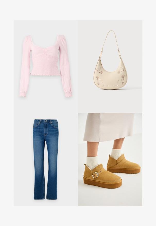 BDG Urban Outfitters SYDNEY - Top s dlhým rukávom - pink; Modré rifľové rozšírené džínsy s piatimi vreckami, zipsom a vyblednutou textúrou. Obsahujú akcenty v podobe šitia a štandardný pás.; Béžové semišové členkové topánky s plochou podrážkou, vybavené prackou a mäkkou vnútornou podšívkou, v kombinácii s rebrovanými krémovými ponožkami.; Krémová polmesiacová kabelka s kvetinovou výšivkou a krátkym remienkom visiaca na bielom pozadí.