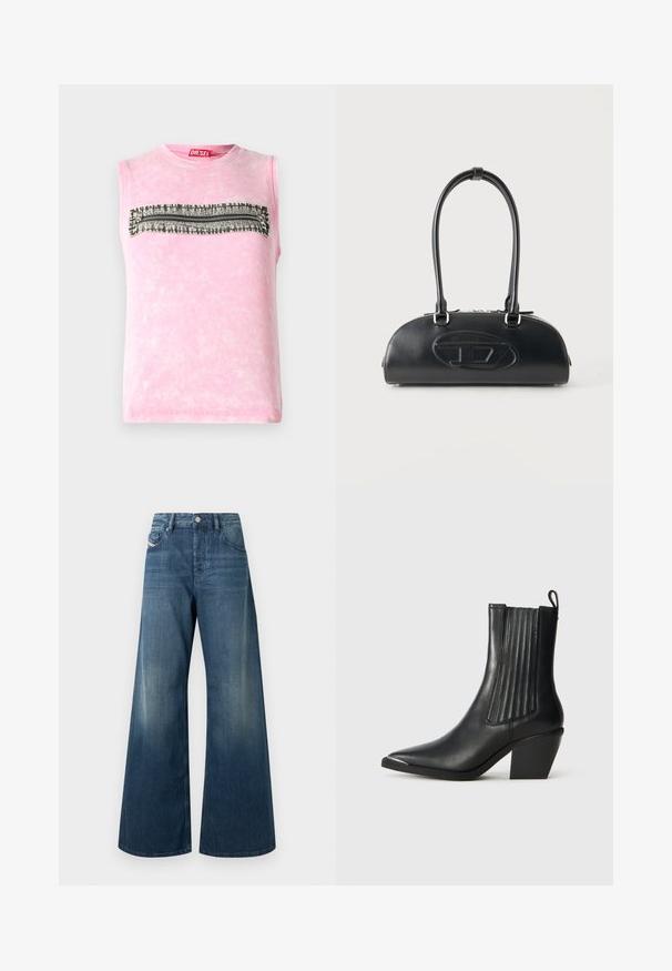 Subløs pink bomulds t-shirt med en vandret sort-hvid mønsterstripe hen over brystet. Rund halsudskæring, blød tekstur.; Vidbenede jeans i mørkeblå denim med en falmet finish, traditionelt design med fem lommer og en metal knaplukning i taljen.; Sort læder ankelstøvle med spids tå, ribbede sidepaneler og en kraftig hæl, placeret på en struktureret fliseoverflade.; Sort læderhåndtaske med lange dobbelte håndtag og præget ovalt logo foran, vist mod en ensartet lys baggrund.