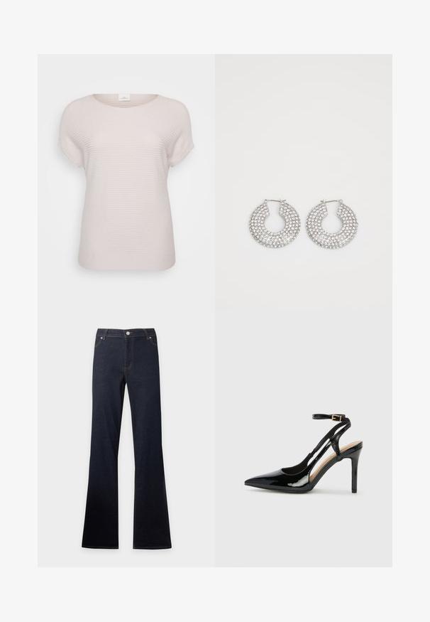 Lys beige ribbet t-shirt med korte ærmer, der har en rund halsudskæring og en afslappet pasform, lavet af blødt, struktureret stof.; Mørkeblå denimjeans med høj talje og udvidede ben, med frontlommer, knap og lynlåslukning.; Sorte laklæder højhælede slingback-sko med spids tå, justerbar ankelrem og åben sider. Glat tekstur.; Sølvøreringe med flere klare krystaludsmykninger, med en struktureret overflade og et åbent rundt design.
