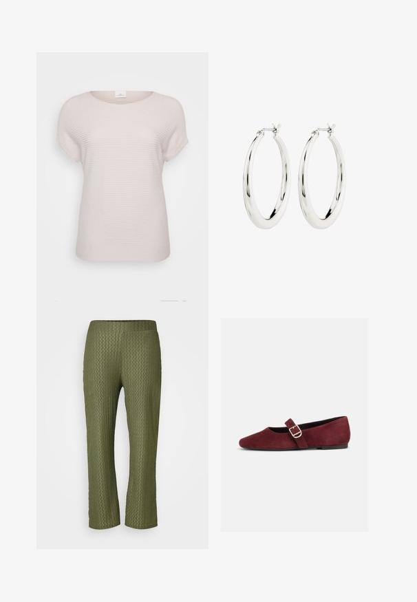 Lys beige ribbet t-shirt med korte ærmer, der har en rund halsudskæring og en afslappet pasform, lavet af blødt, struktureret stof.; Olivenfarvede strukturerede bukser med et honningcomb-mønster, der har en bred elastisk talje og en cropped længde, lavet af et strækbart materiale.; Flad burgundy ruskind Mary Jane-sko med guldspænde og sort sål, vist fra siden på hvid baggrund.; Sølvøreringe i form af hoops med en glat, blank finish. Cirkulær form, der har en sikker lås. Simpelt og elegant design.