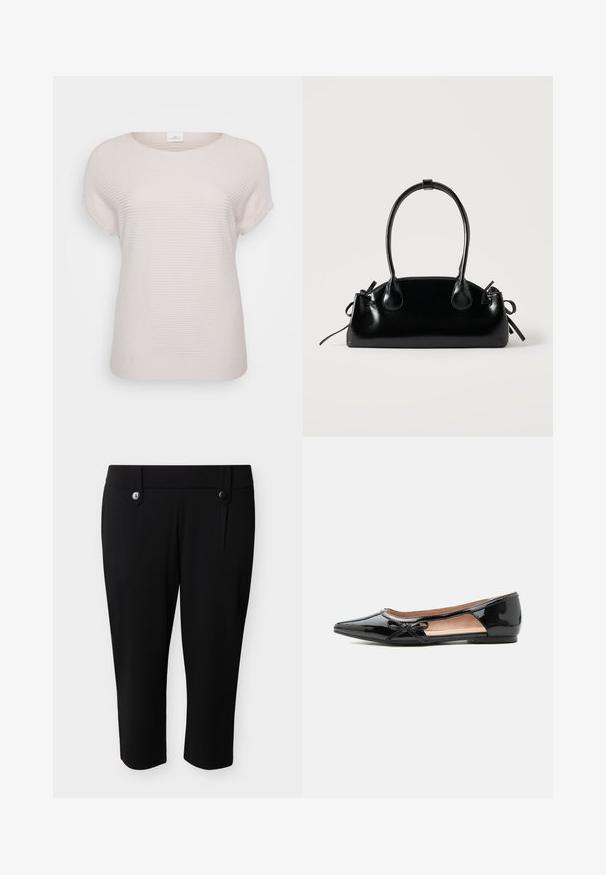 Lys beige ribbet t-shirt med korte ærmer, der har en rund halsudskæring og en afslappet pasform, lavet af blødt, struktureret stof.; Sorte cropped slim-fit bukser med høj talje og to knappedetaljer på linningen, ingen synlige lommer eller lynlåse.; Sort laklæder flad sko med spids tå, sideudskæring og lille dekorativ sløjfe på ydersiden.; Lille sort blank håndtaske med to lange håndtag og snøre-detaljer i siden på en ensfarvet lys baggrund.