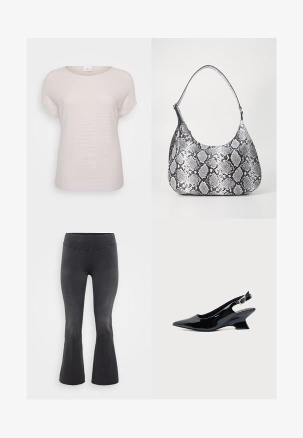 Helles beige, geripptes Kurzarm-T-Shirt mit runden Ausschnitt und einem lockeren Schnitt, gefertigt aus weichem, strukturiertem Stoff.; ONLY Carmakoma Flared fit CARROYAL Mid waist - Flared Jeans - washed black; Schwarzer Slingback-Schuh aus Lackleder mit spitzer Spitze und niedrigem, schrägem Blockabsatz auf einfachem hellem Hintergrund.; Schultertasche im schwarz-weißen Schlangenprint mit runder Form, glatter Textur und gebogenem Tragegurt. Mit einem silbernen Hardware-Akzent.