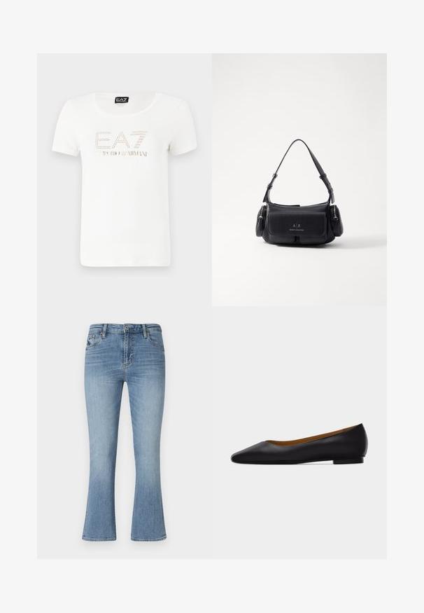Camiseta de algodón blanca con un escote redondeado, que presenta un logo de EA7 Emporio Armani en strass en el pecho. Mangas cortas.; Jeans de campana en azul claro, hechos de mezclilla. Presenta una cintura de media altura, cinco bolsillos y trabillas para cinturón. Detalles de desgaste y costuras visibles.; Zapato plano de punta puntiaguda de cuero negro con tacón bajo y acabado liso, mostrado de perfil sobre un fondo gris claro.; Bolso de mano de cuero negro con una sola correa para el hombro, cuenta con un bolsillo con solapa en la parte frontal y compartimentos con cremallera a los lados. Textura suave con detalle del logotipo.