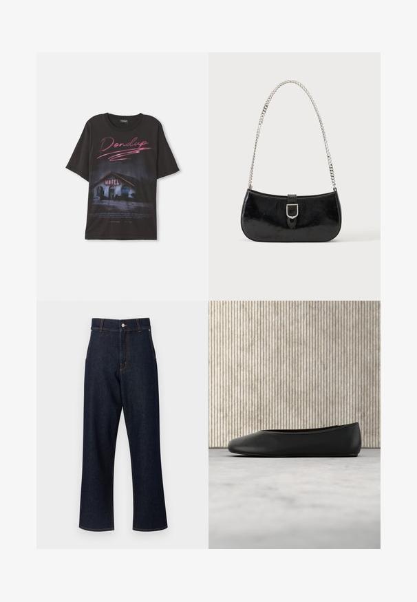 T-shirt en coton noir avec un motif d'une scène de motel et le texte "Dondup" en rose, coupe ample, sans ornements supplémentaires.; Jean en denim bleu foncé avec une taille haute, coupe droite, détails de couture orange et fermeture à bouton. Pas de poches avant visibles.; Ballerine en cuir noir avec un bout arrondi, texture lisse et un accent logo doré sur le côté. Placée au-dessus d'une surface réfléchissante.; Sac à épaule en cuir verni noir avec détail de boucle argentée et bandoulière en chaîne argentée, présenté sur un fond uni clair.