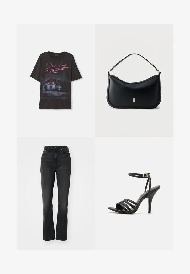 T-shirt en coton noir avec un motif d'une scène de motel et le texte "Dondup" en rose, coupe ample, sans ornements supplémentaires.; Jeans en denim noir taille haute avec jambes droites, design à cinq poches, fermeture à bouton à l'avant et détails de couture minimaux.; Sandales à talons hauts noires avec des lanières, une fine sangle à la cheville, un bout ouvert et une finition lisse. Présente un talon élancé et un design de lanières texturées.; Sac à bandoulière en cuir noir avec une seule sangle, design minimaliste, fond arrondi, et une petite plaque logo rectangulaire dorée sur le devant.