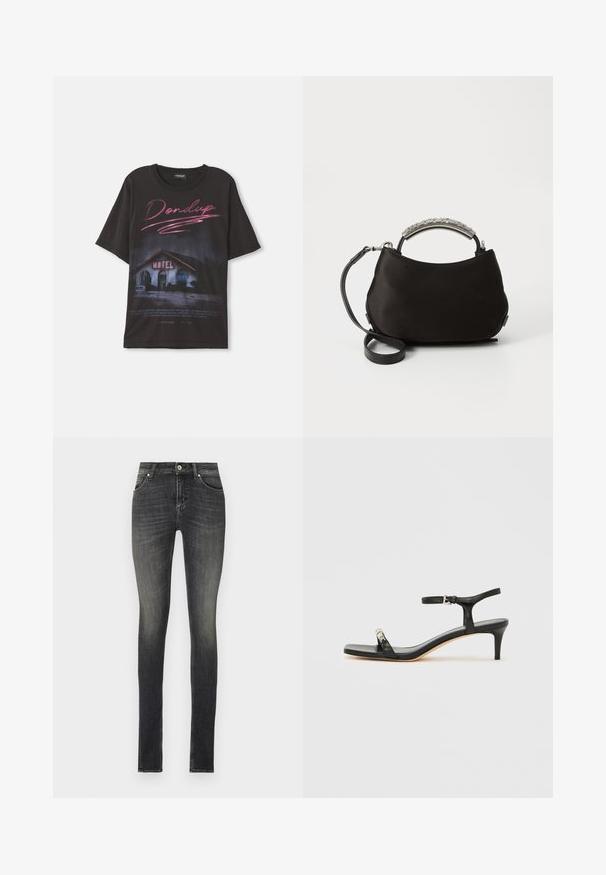 T-shirt en coton noir avec un motif d'une scène de motel et le texte "Dondup" en rose, coupe ample, sans ornements supplémentaires.; Jean skinny en denim gris foncé, avec une taille mi-haute, des poches avant et un léger dégradé pour un aspect texturé.; Sandale noire en cuir à talon avec bride à la cheville, bout ouvert, devant carré et accent en métal argenté. Design ajusté avec un profil élégant.; Sac à main en satin noir avec une poignée argentée incurvée et une bandoulière noire amovible. Texture douce et forme arrondie avec un design minimaliste.