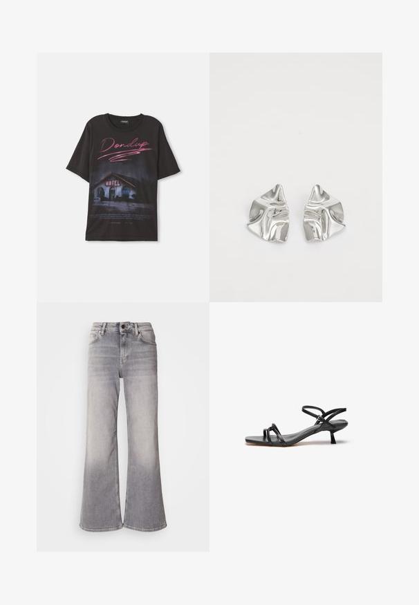 T-shirt en coton noir avec un motif d'une scène de motel et le texte "Dondup" en rose, coupe ample, sans ornements supplémentaires.; Mos Mosh HERA - Jean flare - grey; Sandale en cuir noir au design épuré et minimaliste. Dotée de deux fines lanières et d'un petit talon incliné. Texture lisse et bout ouvert.; Boucles d'oreilles en métal argenté avec un design ondulé et sculptural, présentant une finition polie et des formes irrégulières, mettant en valeur une esthétique contemporaine.