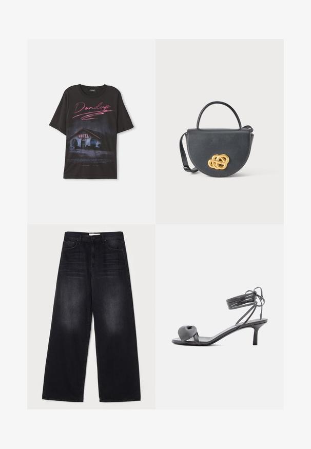 T-shirt en coton noir avec un motif d'une scène de motel et le texte "Dondup" en rose, coupe ample, sans ornements supplémentaires.; Mother THE SPINNER ZIP SNEAK - Jean boyfriend - black; Sandale à talon en cuir gris avec une bride nouée sur les orteils et des lacets enroulants autour de la cheville, sur un talon moyen et fin, sur fond blanc.; Sac à main en cuir noir à forme arrondie, avec une poignée supérieure et une bandoulière amovible. Présente un accent en forme de nœud doré proéminent à l'avant.