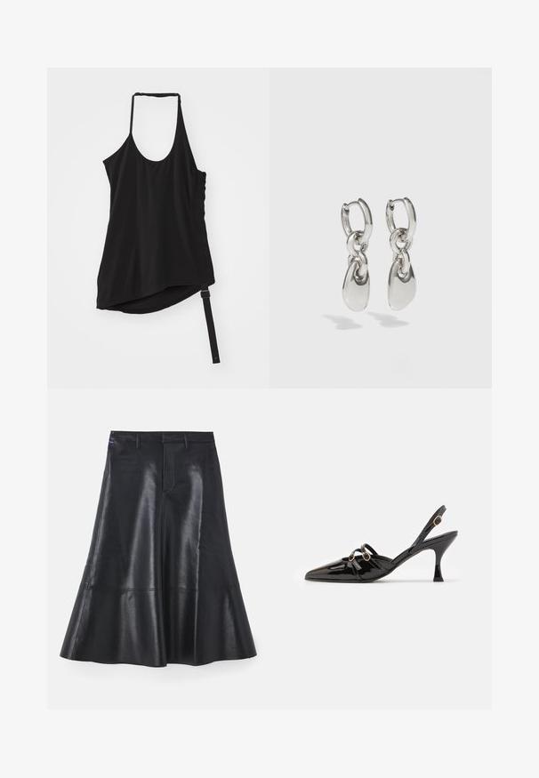 Helmut Lang WIND HARNESS - Débardeur - black; Jupe en cuir noire avec un design évasé, mi-longue, dotée d'une texture lisse et de détails de couture discrets le long de l'ourlet.; ALOHAS JOELLE ONIX - Escarpins - black; Boucles d'oreilles en argent avec des maillons ovales allongés, présentant une finition polie et un pendentif tombant texturé. Design simple avec des bords lisses.