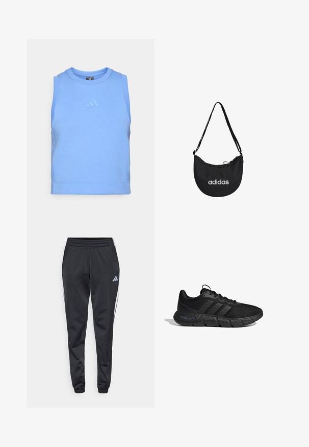 Top atlético sin mangas azul hecho de una suave tela elástica. Presenta un escote redondo y un logotipo tonal en la parte delantera.; Pantalones deportivos negros con cinturilla elástica, piernas ajustadas y rayas blancas a los lados. Presenta un pequeño logo gris de trébol en el muslo izquierdo.; Zapatilla deportiva negra con parte superior de malla, tres rayas laterales, diseño con cordones y suela gruesa texturizada etiquetada "Cloudfoam Flex" sobre fondo blanco.; Bolso de hombro de tela negra con forma semicircular, que cuenta con un cierre con cremallera, correa ajustable y el logo blanco de Adidas en el frente.