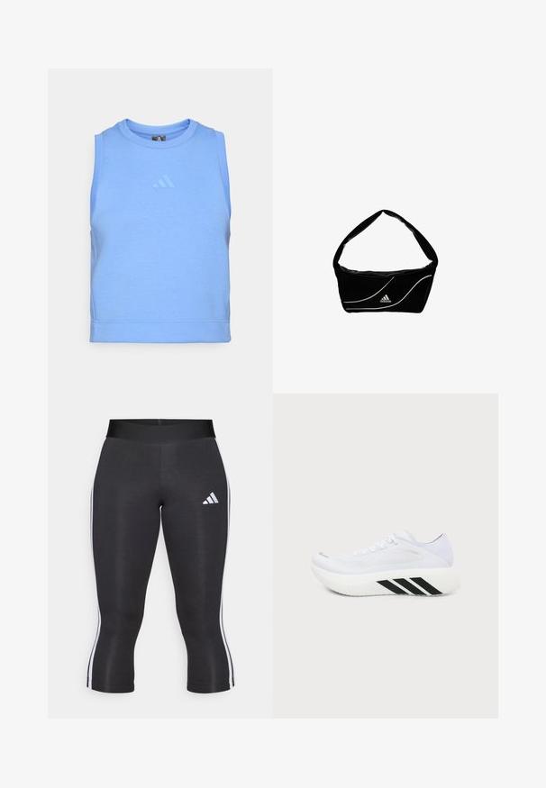 Top atlético sin mangas azul hecho de una suave tela elástica. Presenta un escote redondo y un logotipo tonal en la parte delantera.; Leggings capri negros con una cinturilla ancha, que cuentan con franjas laterales blancas y un logo de Adidas en blanco en el muslo izquierdo. Textura suave.; Zapatilla deportiva blanca con suela gruesa, rayas diagonales negras en la entresuela, parte superior de malla y cordones, mostrada desde un lado sobre un fondo liso.; Bolso de hombro negro de Adidas con líneas blancas curvas y logo de Adidas en la parte delantera, con una sola correa ancha para llevar.