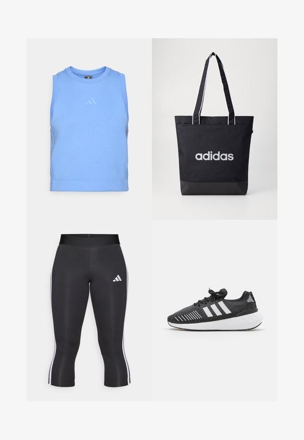 Top atlético sin mangas azul hecho de una suave tela elástica. Presenta un escote redondo y un logotipo tonal en la parte delantera.; Leggings capri negros con una cinturilla ancha, que cuentan con franjas laterales blancas y un logo de Adidas en blanco en el muslo izquierdo. Textura suave.; Zapatillas deportivas negras con parte superior texturizada, diseño de tres franjas blancas, suela de goma y acentos blancos en el talón.; Bolsa de tote negra con el logo "adidas" en gris, hecha de un tejido duradero, con dos correas para el hombro y un panel inferior negro en contraste.