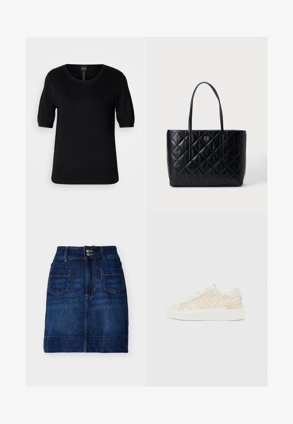 Zwarte korte mouwen brei-top met een ronde hals, geribbelde zoom en subtiele textuur, met een logo-label in het midden op de achterkant.; Donkerblauwe denim rok met voorzakken, dubbele knoopsluiting, riemlussen en zichtbare stiksels, plat gelegd op een witte achtergrond.; Tommy Hilfiger Sneakers laag - ivory; Zwarte gewatteerde draagtas met een gladde leren afwerking, voorzien van ruitpatronen, twee lange handvatten en een klein logo aan de voorkant.