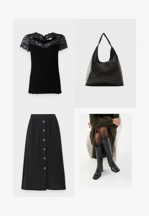 Sort ribbet t-shirt med korte blondeskuldre og bølget halsudskæring. Har en tætsiddende pasform og tekstureret stof.; Sort midi-nederdel med en glat tekstur, der har seks bronzefarvede knapper foran og en talje fremhævet af et bredt bånd.; Knæhøje sorte læder støvler med firkantet tå og blokhæl, vist med en model siddende i en olivengrøn frakke. Glat tekstur, minimal detaljer.; Sort skuldertaske i glat læder med en bred, enkelt strop og et afslappet, minimalistisk design mod en ensfarvet baggrund.