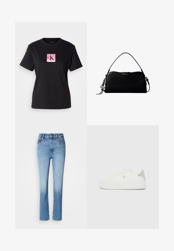 Camiseta de algodón negra con un logo cuadrado en degradado rosa que presenta "cK" en fuente negra en el centro. Mangas cortas y cuello redondo.; Vaqueros de mezclilla azul con cintura alta, diseño de pierna recta, degradado de color desgastado y estilo de cinco bolsillos. Cierre de botón metálico y cremallera.; Zapatillas de lona blancas con una suela blanca gruesa, presentan un acento metálico plateado en el talón y un sutil detalle del logo en el lateral.; Bolso rectangular negro de Calvin Klein con una única correa superior, dije con el logo plateado y un pequeño cierre de solapa en la parte frontal.