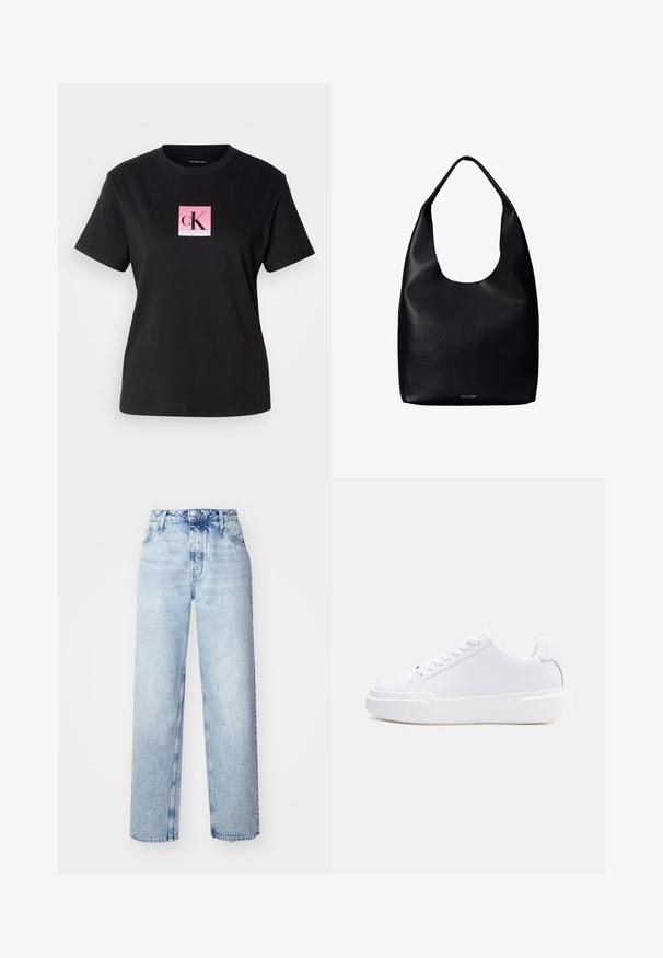 Camiseta de algodón negra con un logo cuadrado en degradado rosa que presenta "cK" en fuente negra en el centro. Mangas cortas y cuello redondo.; Jeans de tiro alto color azul claro con un corte holgado, que cuentan con piernas rectas, cinco bolsillos y un cierre clásico de botones y cremallera.; Zapatilla blanca de corte bajo con cierre de cordones, suela gruesa y parte superior lisa, mostrada desde el lado exterior sobre un fondo claro y sencillo.; Bolso tote de cuero negro con una única correa ancha para el hombro y un sutil logo de Calvin Klein en el centro inferior.
