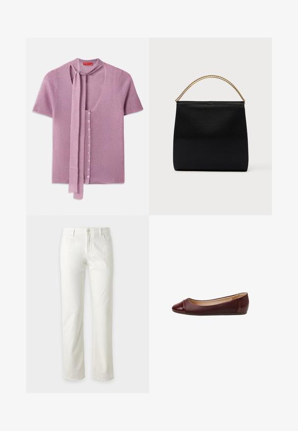 Strikket cardigan i lyserød, med V-hals, korte ærmer og et bånd ved halsudskæringen. Seks knaplukninger med ribbet tekstur.; Hvide jeans med lige ben, frontknap og lynlåslukning, bæltestropper og forlommer, vist mod en ensfarvet lys baggrund.; Burgunderfarvet ballerinasko i læder med rundet tå og let blank finish. Har en syningsdetalje ved tåen og en fleksibel sål.; Sort taske lavet af glat stof, med en struktureret form, et håndtag med guld kæde og et minimalistisk geometrisk design.