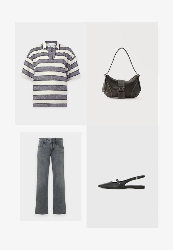 Top en maille à manches courtes avec des rayures horizontales blanches et gris foncé et un col ouvert sur fond uni.; Jeans en denim gris à jambe droite avec bouton frontal, fermeture éclair et cinq poches, présentés sur un fond blanc.; Chaussures slingback en cuir noir avec un bout pointu, comprenant une lanière étroite et un accent de boucle argentée sur le côté. Semelle plate.; Sac à épaule en cuir noir avec une sangle à boucle, des bords arrondis et des coutures blanches contrastées sur un fond uni.