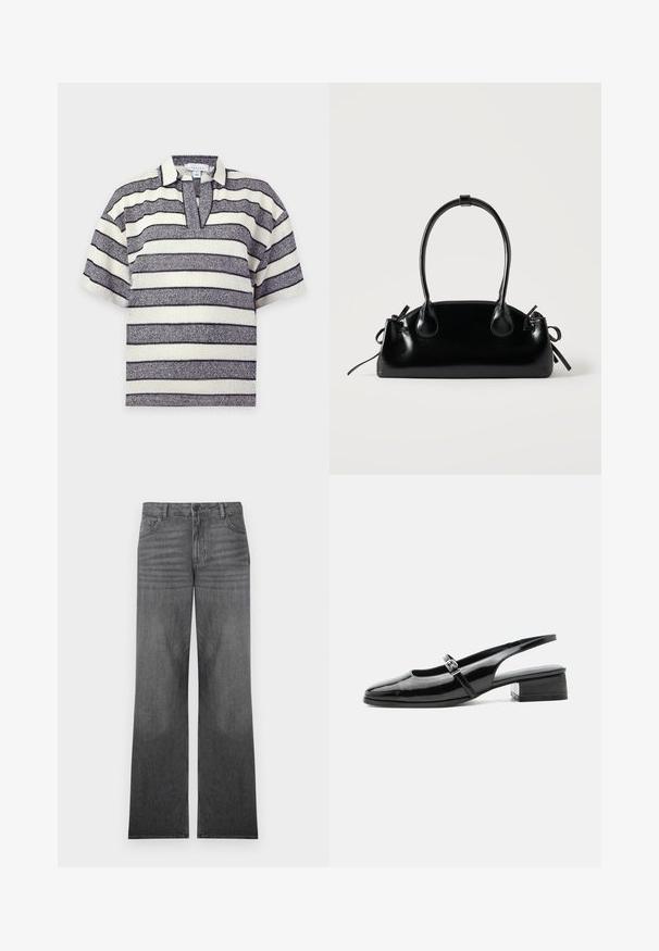 Top en maille à manches courtes avec des rayures horizontales blanches et gris foncé et un col ouvert sur fond uni.; Jean en denim gris à jambes larges avec un lavage moyen, présentant un design à cinq poches, une fermeture à bouton sur le devant et des détails de couture subtils.; Chaussure slingback en cuir verni noir avec un petit talon bloc et une fine bride avec une boucle argentée sur le dessus.; Petit sac à main noir brillant avec deux longues anses et des détails à cordon sur les côtés sur un fond clair uni.
