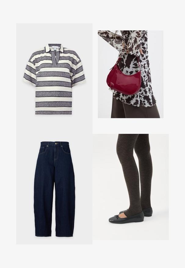 Top en maille à manches courtes avec des rayures horizontales blanches et gris foncé et un col ouvert sur fond uni.; Jean en denim bleu foncé à jambes larges, fermeture avant par bouton et zip, passants de ceinture et poches avant sur fond clair.; Jambes portant des leggings côtelés foncés associés à des ballerines noires avec de petits détails en nœud sur fond blanc.; Femme portant un chemisier à motif noir et blanc tenant un sac à main rouge brillant sur un fond uni.
