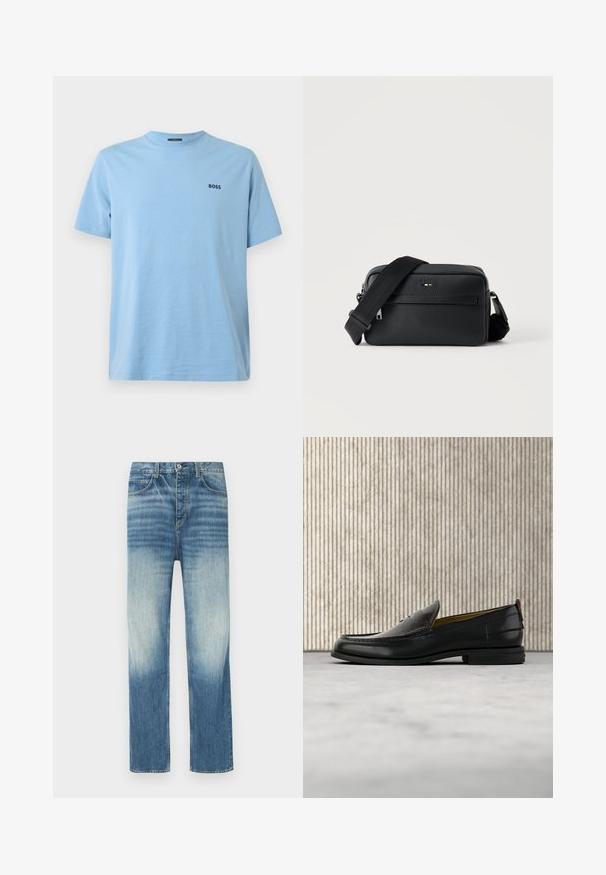 T-shirt bleu clair à manches courtes en coton. Présente un col rond et un petit logo sombre positionné sur la partie gauche de la poitrine.; Jean en denim bleu clair avec une finition délavée, coupe droite, conception à cinq poches et fermeture par bouton à la taille.; Mocassin pour homme en cuir noir avec un dessus embossé effet croco et un petit talon, présenté de profil sur un fond neutre.; Sac bandoulière en cuir noir texturé avec poche avant zippée et bandoulière large en tissu réglable sur fond blanc.