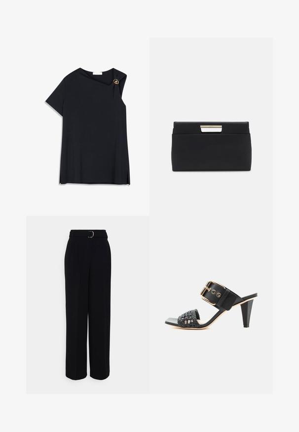 Haut court à manches courtes noir en tissu lisse, doté d'un col drapé avec un bouton doré en accent et des fentes latérales pour faciliter les mouvements.; Pantalons noirs ajustés avec une silhouette à jambes larges, dotés d'une ceinture avec une boucle en argent, de plis et d'une texture de tissu lisse.; Sandale noire à talon haut avec bride avant tissée et large bride à la cheville ornée d'une grande boucle dorée sur fond blanc.; Pochette en cuir noir de forme rectangulaire. Présente un accent de poignée métallique au niveau de la fermeture, une texture lisse et un design minimaliste.