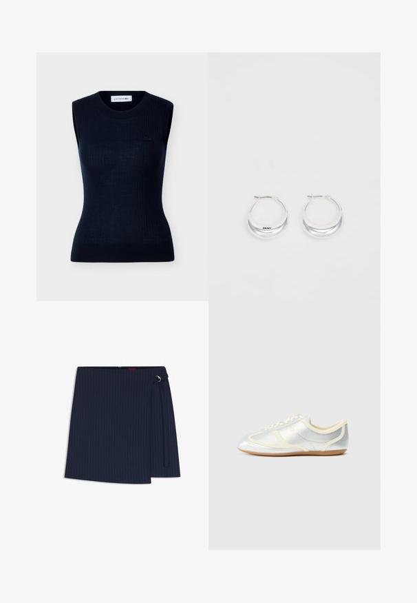 Haut noir sans manches en maille avec encolure ronde, fines côtes verticales subtilement dessinées, et petit logo Lacoste sur la poitrine gauche.; Jupe bleu marine rayée à fines rayures avec un design portefeuille, dotée d'une ceinture latérale à nouer et d'un détail de quincaillerie argentée, réalisée dans un tissu à texture lisse.; Baskets synthétiques argentées avec accents crème, profil bas, bout arrondi et semelle en caoutchouc plate ; dotées de coutures classiques et d'une fermeture à lacets.; Boucles d'oreilles en argent avec une finition polie et un branding DKNY, présentées sur un fond blanc uni.