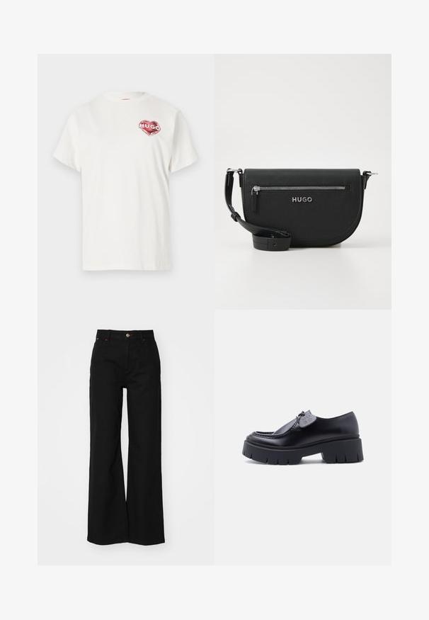 T-shirt en coton blanc à col rond, avec un graphique en forme de cœur rouge portant le mot "HUGO" à l'intérieur. Manches courtes, coupe décontractée.; Pantalons larges noirs en denim à taille haute, avec une fermeture éclair à l'avant, un bouton de fermeture et des coutures rouges.; Mocassin à plateforme noire avec semelle épaisse à relief et étiquette décorative sur le lacet, présenté en profil latéral sur fond blanc.; Sac en cuir noir à bandoulière de forme arrondie, avec une poche zippée en argent et un logo de marque. Il dispose d'une bandoulière réglable pour plus de polyvalence.